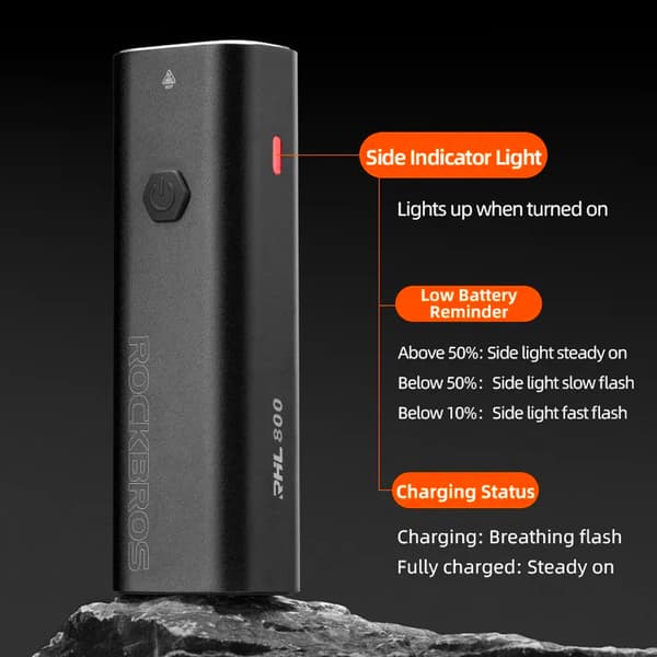 Cykellygte foran 800lm + USB-C kabel, 4 driftstilstande