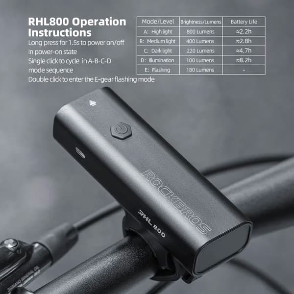 Cykellygte foran 800lm + USB-C kabel, 4 driftstilstande