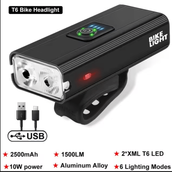 Superkraftig uppladdningsbar cykellampa 2x LED ROXAR T6 1500lm Powerbank