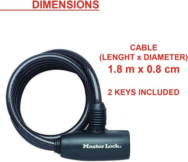 Master Lock Cable Pyörän lukko avaimella, 1,8 m kierretty kaapeli