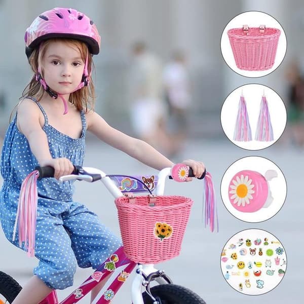 Barncykelkorg, Barncykelstyrkorg, Handstickad cykelkorg för flickor Pojkar-ROSA