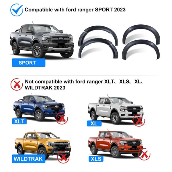 Fender Flares, Kompatible med Ford Ranger Sport 2023, Holdbart ABS Materiale,skærmforlængelser