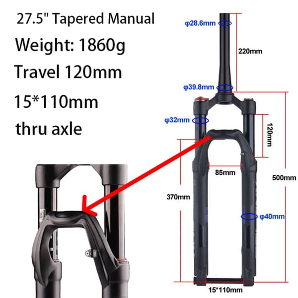 Bakgaffel, 120 mm vandring, justerbar dämpning och återgång,27.5Boost Manual 120