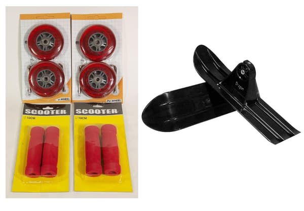 Kickbikeset röda handtag, hjul och miniskidor