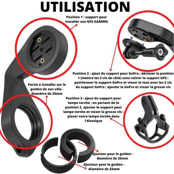 Stativ för cykel kompatibel med Garmin Edge 1040, 1030, 1000, 830, 820, 800, 530, 520, Explore, Forerunner 920XT-910XT, GoPro - GPS-stativ