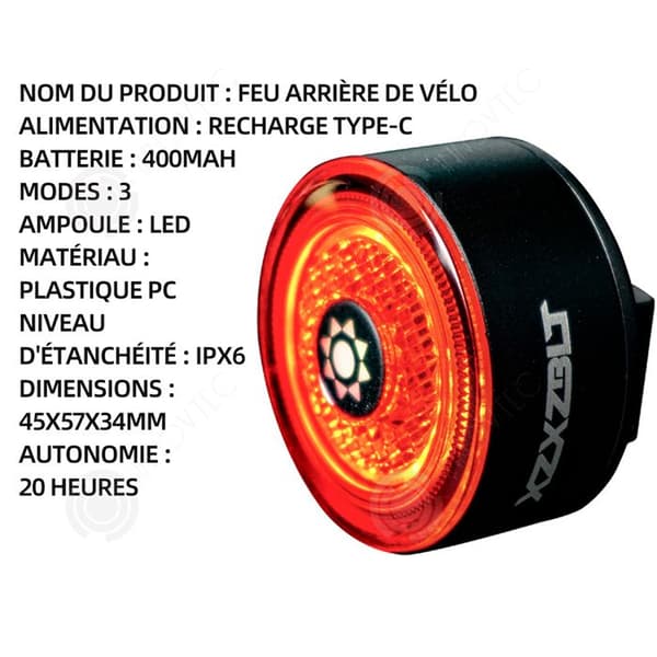 INN Cykelbakljus typ-c uppladdningsbart inbyggt 400mah litiumbatteri tre lägen, vattentät smart modell 45x57x34mm