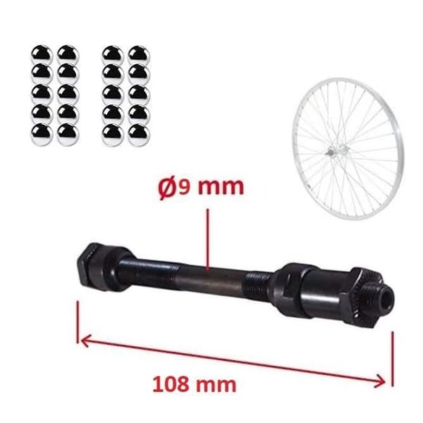 FRAMHJUL AXEL DIAMETER 9MM x LÄNGD 108MM HÅL + 20x STÅLKULAR DIAMETER 3/16" CYKEL MTB ROAD RACING HUB
