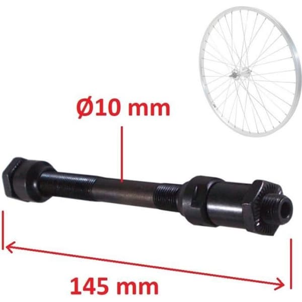 Cykelhjulaxel - Universal - 10x145 mm - Ihåligt baknav - 10 mm mutter - Låsmuttrar ingår