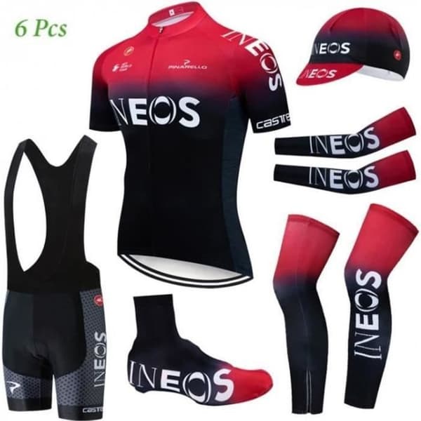 Cykeloutfit kortärmad tröja haklappshorts + keps + armvärmare + armvärmare byxor + skoöverdrag, cykelkläderset