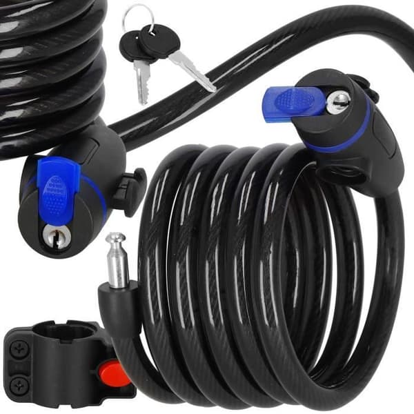SPRINGOS spiralkabel cykellås - 180 cm - 2 nycklar