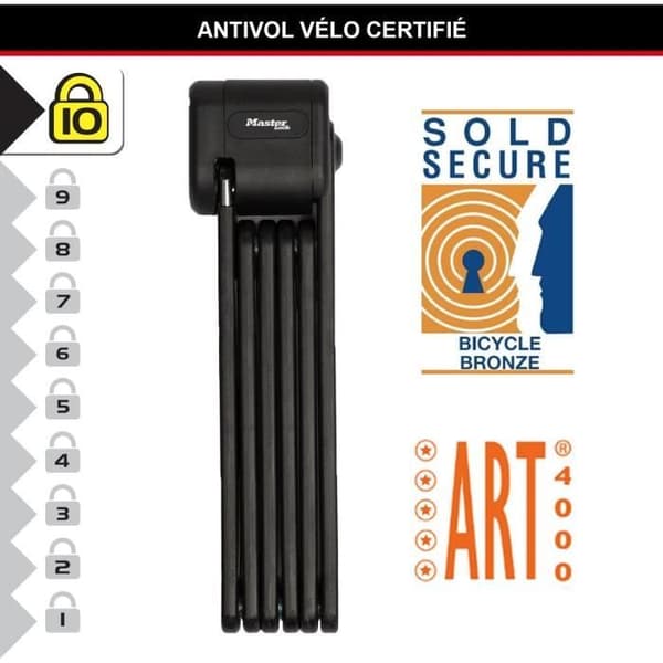 Hopfällbart cykellås - MASTER LOCK - 8333EURDPRO - Härdat stål, 3 nycklar, certifierat, stöd ingår