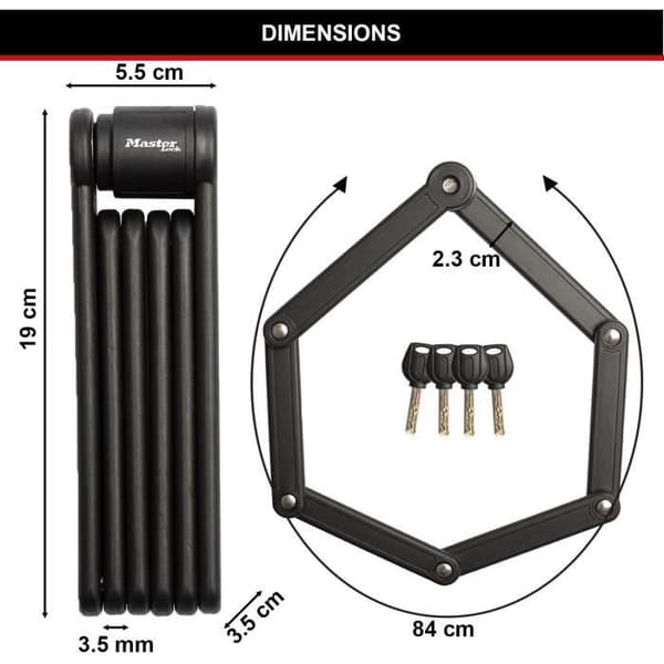 Hopfällbart cykellås - MASTER LOCK - 8335EURDPRO - Härdat stål, 4 nycklar, stöd ingår