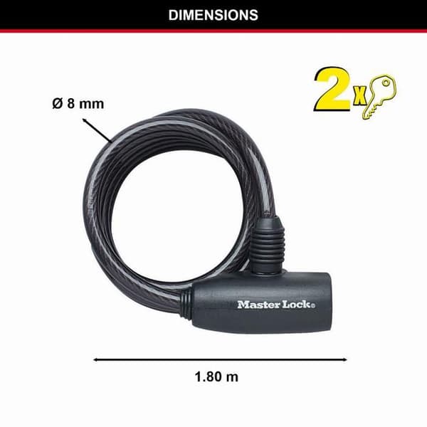 Cykellåskabel - MASTER LOCK - 8126EURDPRO - 1,8 m - Twisted Steel - Nyckel ingår