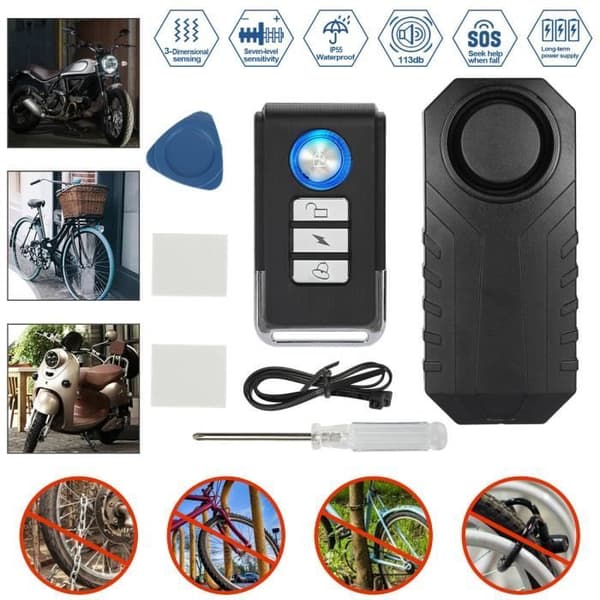 Cykellås, Stöldskyddslarm för motorcykel och cykel, Vibrationsfjärrkontroll, Vattentätt, Trådlöst, 113db, för - Typ Svart -A