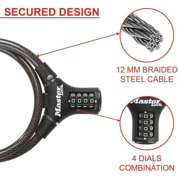 Cykellås - MASTER LOCK - 8229EURDPRO - 90 cm kabel - Svart - Tvinnat stål