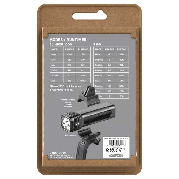Knog Ljus Uppsättning Blinder 1300 + Blinder R-150 Durchsichtig 1300 / 150 Lumens