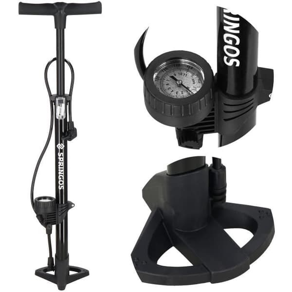 SPRINGOS® cykelhandpump med lufttrycksmätare upp till 11 bar - Dubbelt ventilhuvud