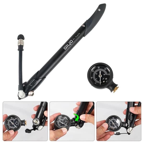300psi/20bar portabel kompakt cykelpump med luftavluftare och mätare, 22,5cm hopfällbar slang, ergonomiskt handtag