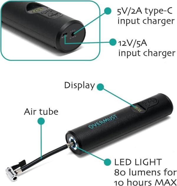 Bärbar kompressor - OVERMUST - 150PSI - Automatisk avstängning - LCD-skärm - LED-ljus