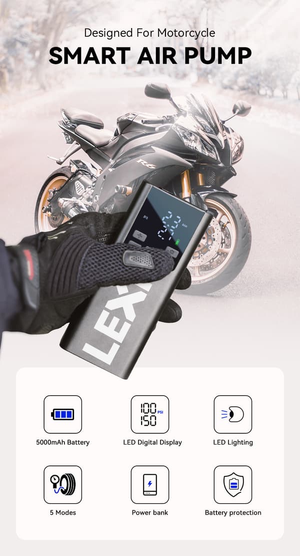 Lexin P5 Smart Air Pump, 150 PSI Hurtig Oppumpning, 5000 mAh Batteri, LED Lys og LCD Skærm