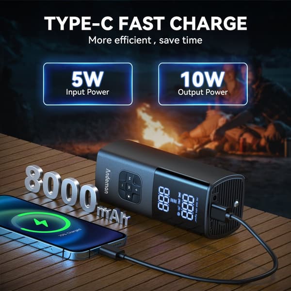 Bildäckspump 12V 7800 mAh Uppladdningsbar elektrisk cykelpump 150 PSI luftpump med tryckmätare, USB Power Bank