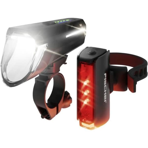 Cykelbelysningssats - FISCHER - PLUS 110 + TWIN STOP LED - Svart - Laddningsbar - Syns