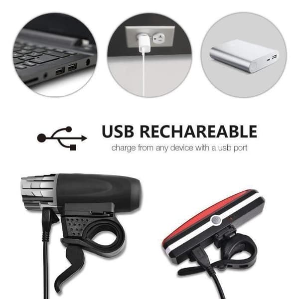 USB-laddningsbar LED-cykellampa, laddningsbar cykellampa med fram- och baklyse (rött ljus). Robust och hållbar.