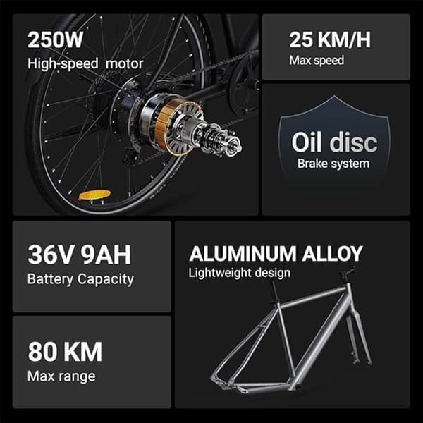 DYU Stroll 1 Silver E-Cykel 27,5, med däck 700 x 38C CST, avtagbart batteri 36V 9Ah, 250W, 25km/h