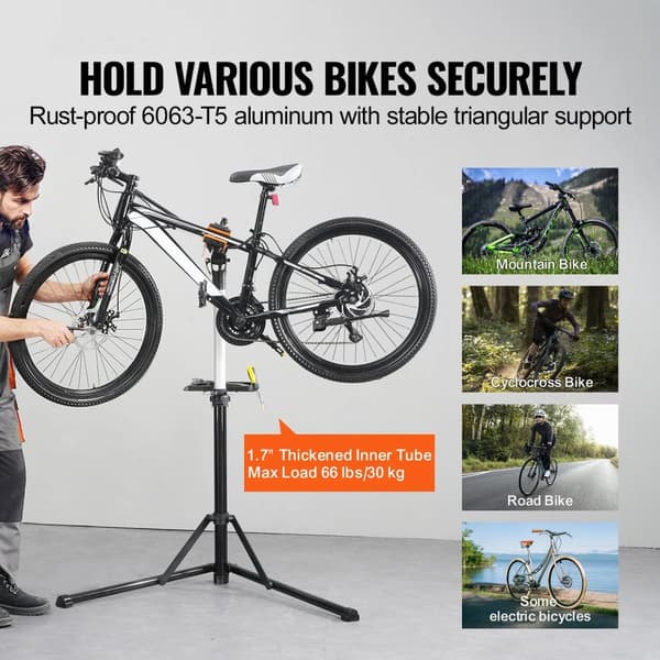 66 lbs kapacitet hopfällbart cykelreparationsställ med 360° svängbar klämma, magnetisk verktygsbricka, 1020-1600mm justerbar höjd