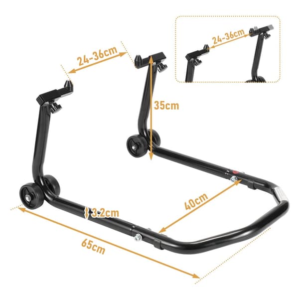 Främre lyftstöd med 4 hjul och justerbar arm från 24 till 36 CM, stöds av robust stålrör 65 x 40x 35 CM (svart)