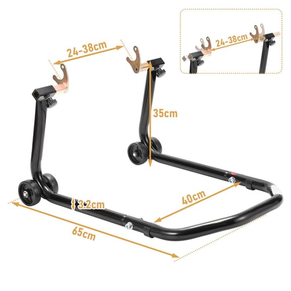 Cykeldockningsstöd, bakre lyftar med 4 justerbara hjul och armar från 24 till 38 CM, med stöd av robust stålrör 65 x 40x 35 CM (svart)