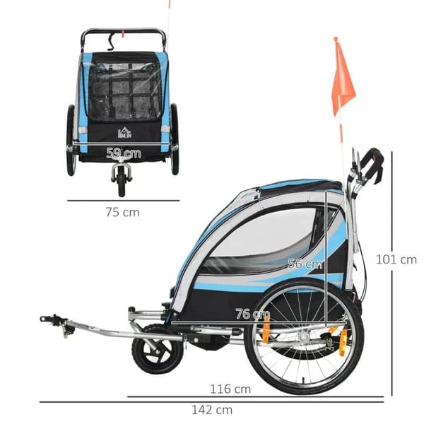 Rootz Child Trailer - Klapvogn - 5-punkts sikkerhedssele - Universalkobling - Stål - Blå - 142 x 75 x 101 cm