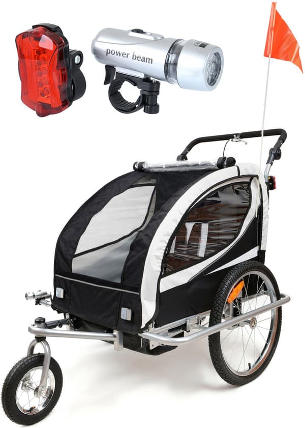 Sort & Hvid 2-personers Cykeltrailer & Barnevogn for Aktive Familier - Holdbar, Sikker, med LED-lys & Regnbeskyttelse