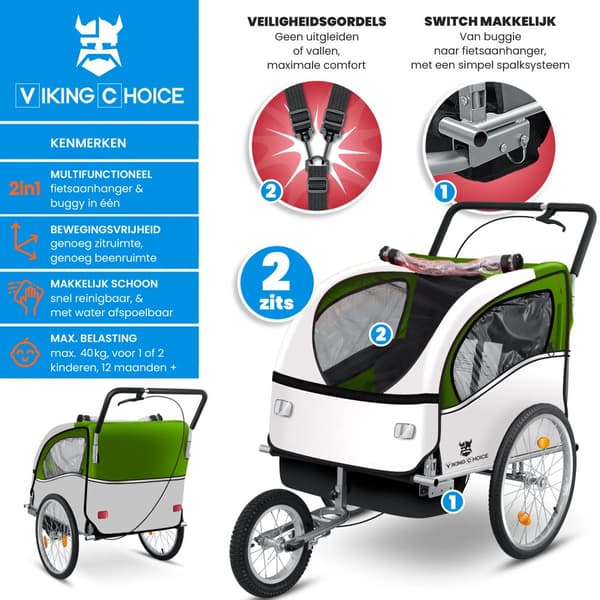Viking Choice Lime Grøn Cykelvogn & Barnevogn - Konverterbar, Reflekterende, 40kg Kapacitet