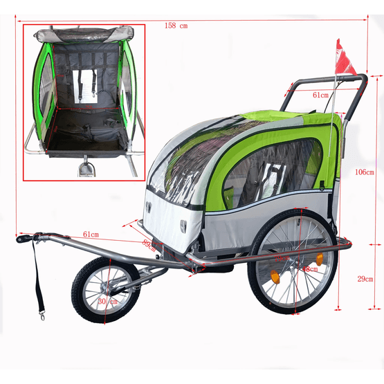 Børnecykelanhænger - Cykeltrailer - 2-Pers. - Støddæmper - Limegrøn