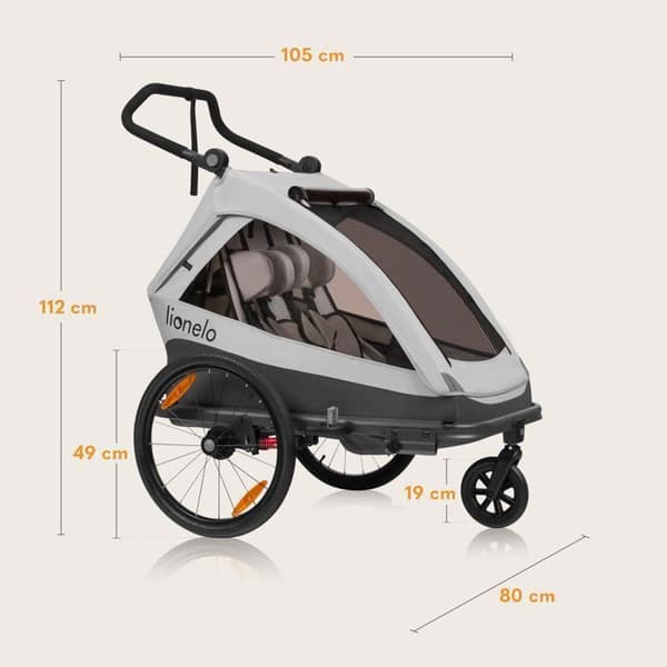 Cykelvagn 2-i-1 LIONELO Cama - 2 barn - Terrängvagn - Flexibel dämpning SIQ - Grå
