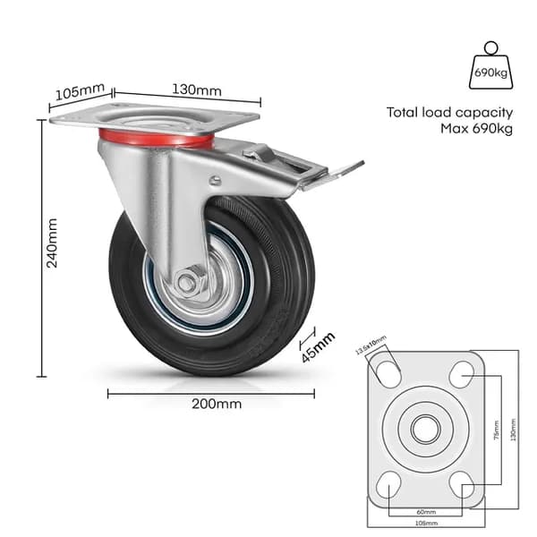 Møbeltransport hjul, tungt belastbare, retningsbestemt hjulbremse., 4 stk 200 mm