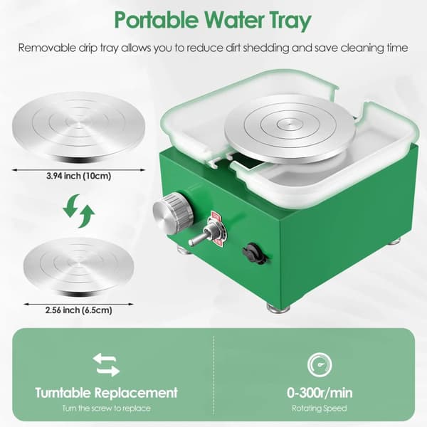 Elektrisk Pottemagerhjul, Justerbar Hastighed, Dobbelt Drejeskiver 6,5cm & 10cm,grøn