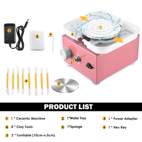Elektrisk Pottemagerhjul, Justerbar Hastighed, Dobbelt Drejeskiver 6,5cm & 10cm,pink