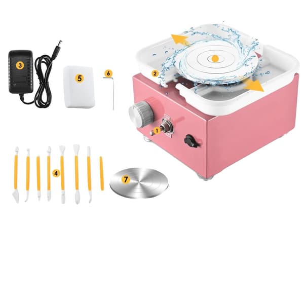 Elektrisk Pottemagerhjul, Justerbar Hastighed, Dobbelt Drejeskiver 6,5cm & 10cm,pink