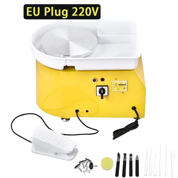 Elektrisk Pottemagerhjul, 25 cm Diameter, 350W Effekt, 11-Delt Værktøjssæt,gul-EU-stik