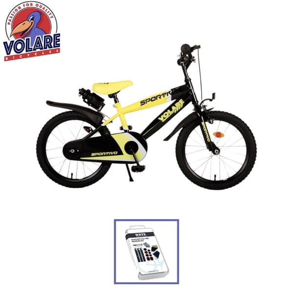 Volare børnecykel Sportivo - 18 tommer - Gul/sort - To håndbremser - Inklusiv WAYS dækreparationssæt