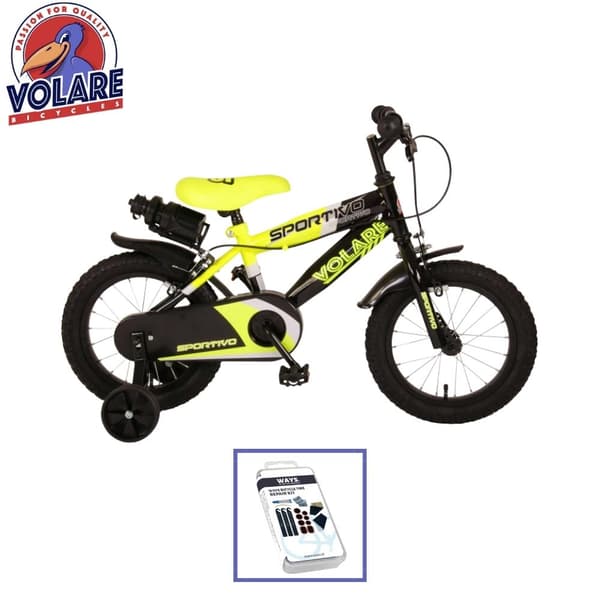 Volare børnecykel Sportivo - 14 tommer - Gul/sort - To håndbremser - Inklusiv WAYS dækreparationssæt