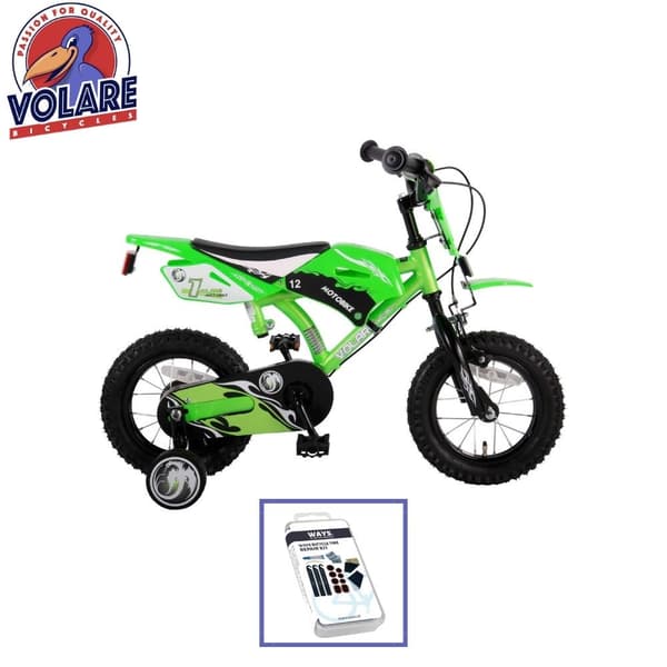 Volare Barncykel Motorcykel - 12 tum - Grön - Två handbromsar - Inklusive WAYS Däckreparationssats