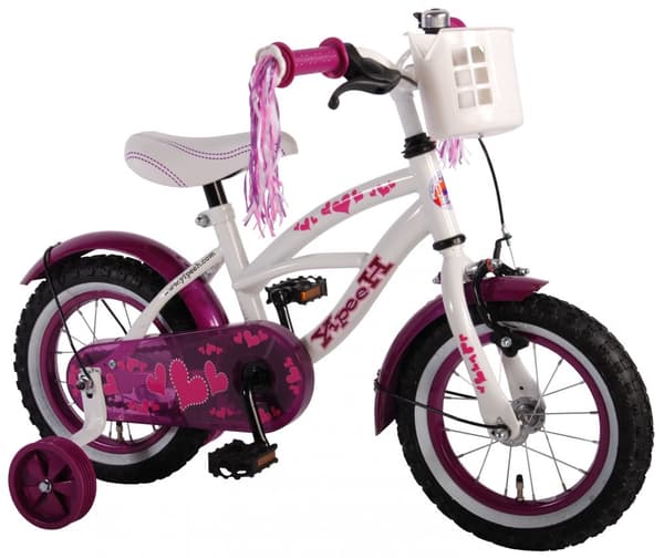 Volare Barncykel Hjärtkryssare - 12 tum - Vit / Lila - Inklusive cykelhjälm + tillbehör