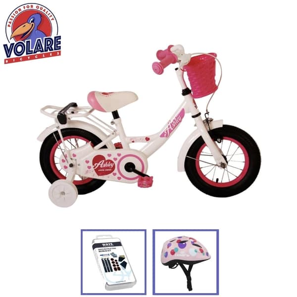 Volare barncykel Ashley - 12 tum - Vit - Inklusive cykelhjälm & tillbehör