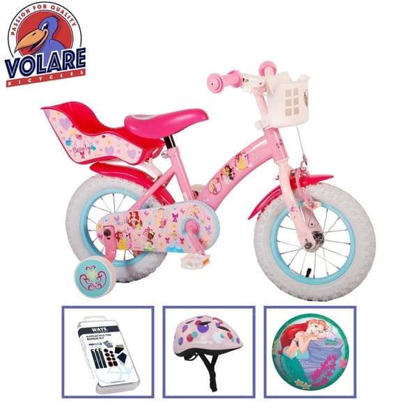 Volare Barncykel Disney Princess - 12 tum - Rosa - Med cykelhjälm & tillbehör
