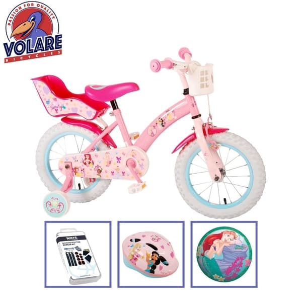 Volare Barncykel Disney Princess - 14 tum - Rosa - Med cykelhjälm och tillbehör