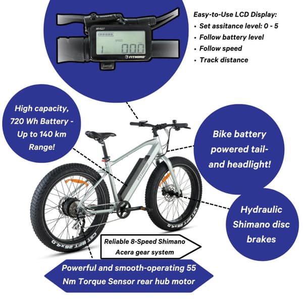 FitNord Rumble 300 Elfatbike, 720 Wh batteri, 140 km kapacitet, 250 W motor