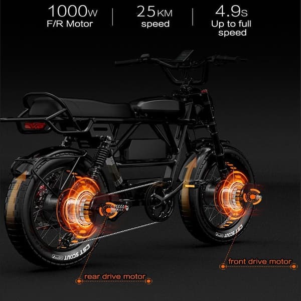LANKELEISI X-Black Knight 2000W dubbelmotorisk vuxen elcykel, 45Ah Samsung batteri, 20*4,0 CST brett däck, Shimano 7 speed.